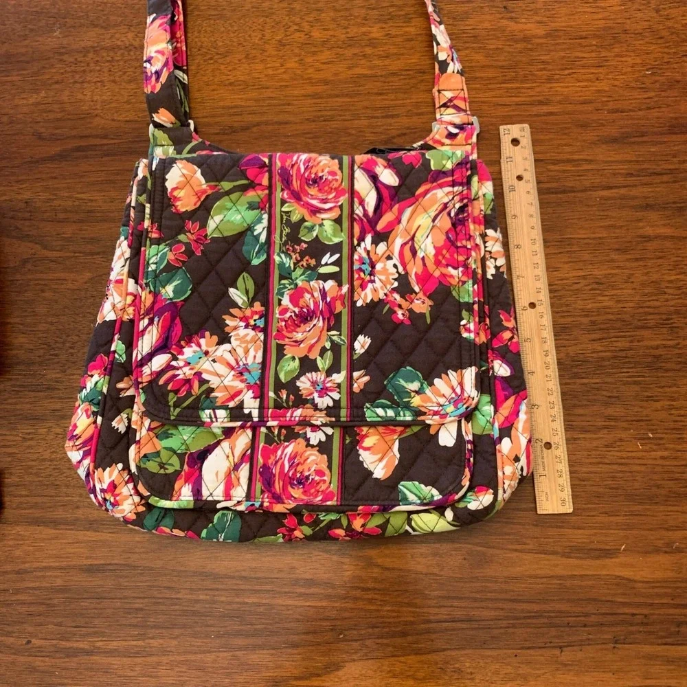 Vera Bradley Quilted Floral Crossbody Messenger Bag Brown Pink Green Pockets